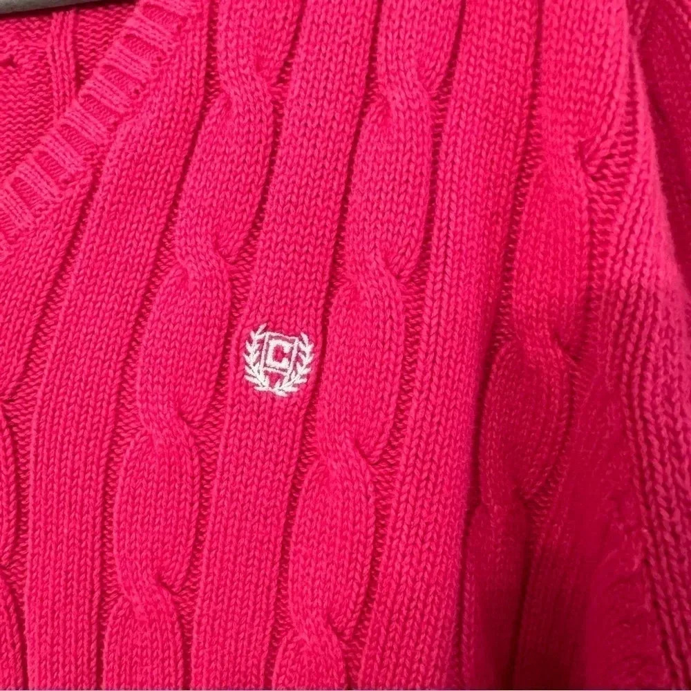 Chaps Cable Knit Hot Pink Long Sleeve V-Neck Sweater Size Large GUC - Picture 8 of 8